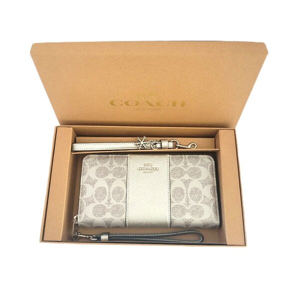 Coach CCL91 Long Zip Around Wallet Metallic Gray Silver Signature Boxed